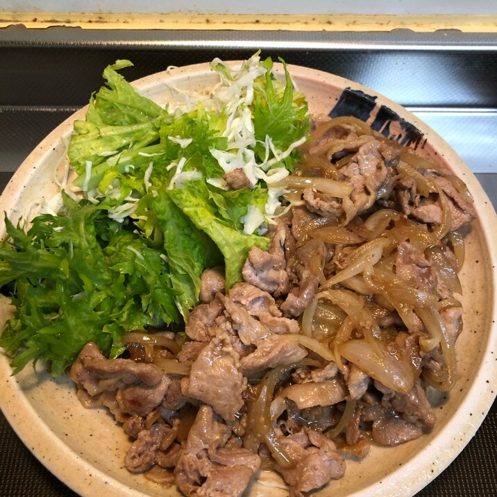 豚肉のわさび醤油炒め♪わさび菜とキャベツ添え^_^